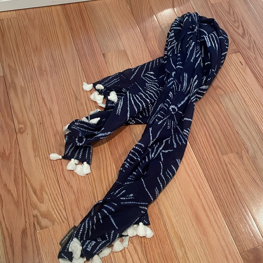 LP inspired nautical styled scarf shawl wrap coastal design navy w white tassels